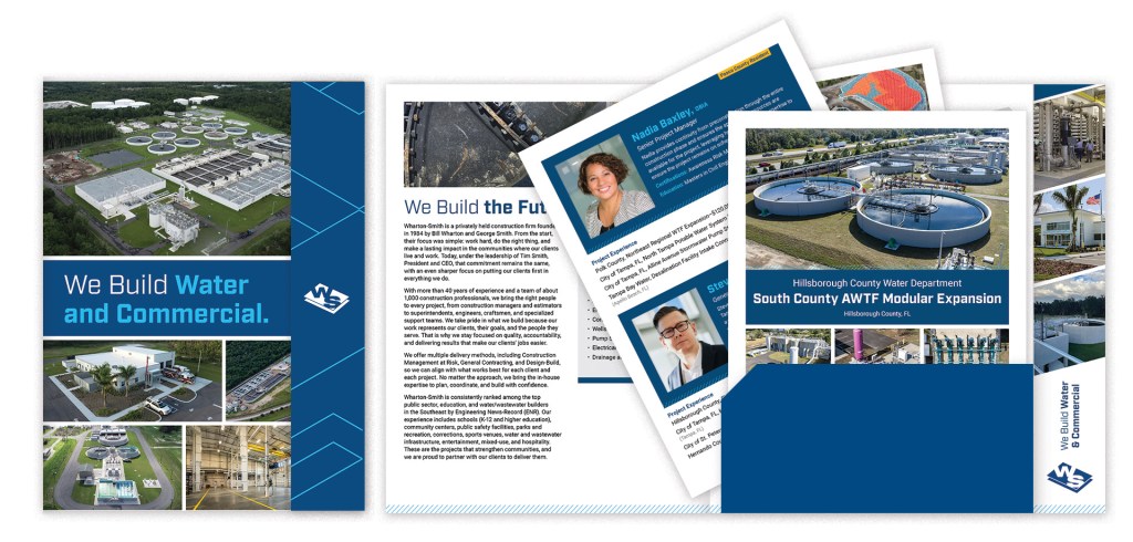 This image is a lay flat composition that shows both the inside and outside of the brochure, as well as the insert pages peeking out of the folder insert.