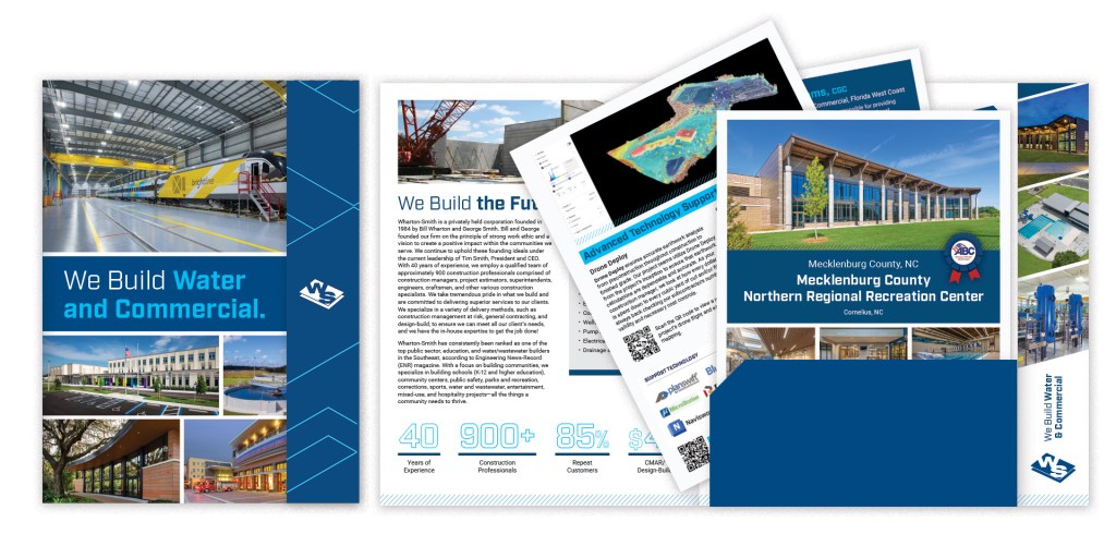 This image is a lay flat composition that shows both the inside and outside of the brochure, as well as the insert pages peeking out of the folder insert.